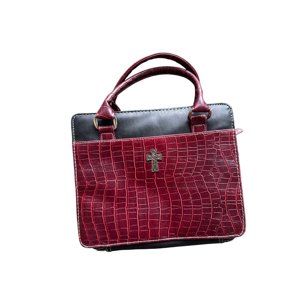 Burgundy Black Faux Croc Bible Cover Organizer Bag Celtic Cross Small Tote 2589